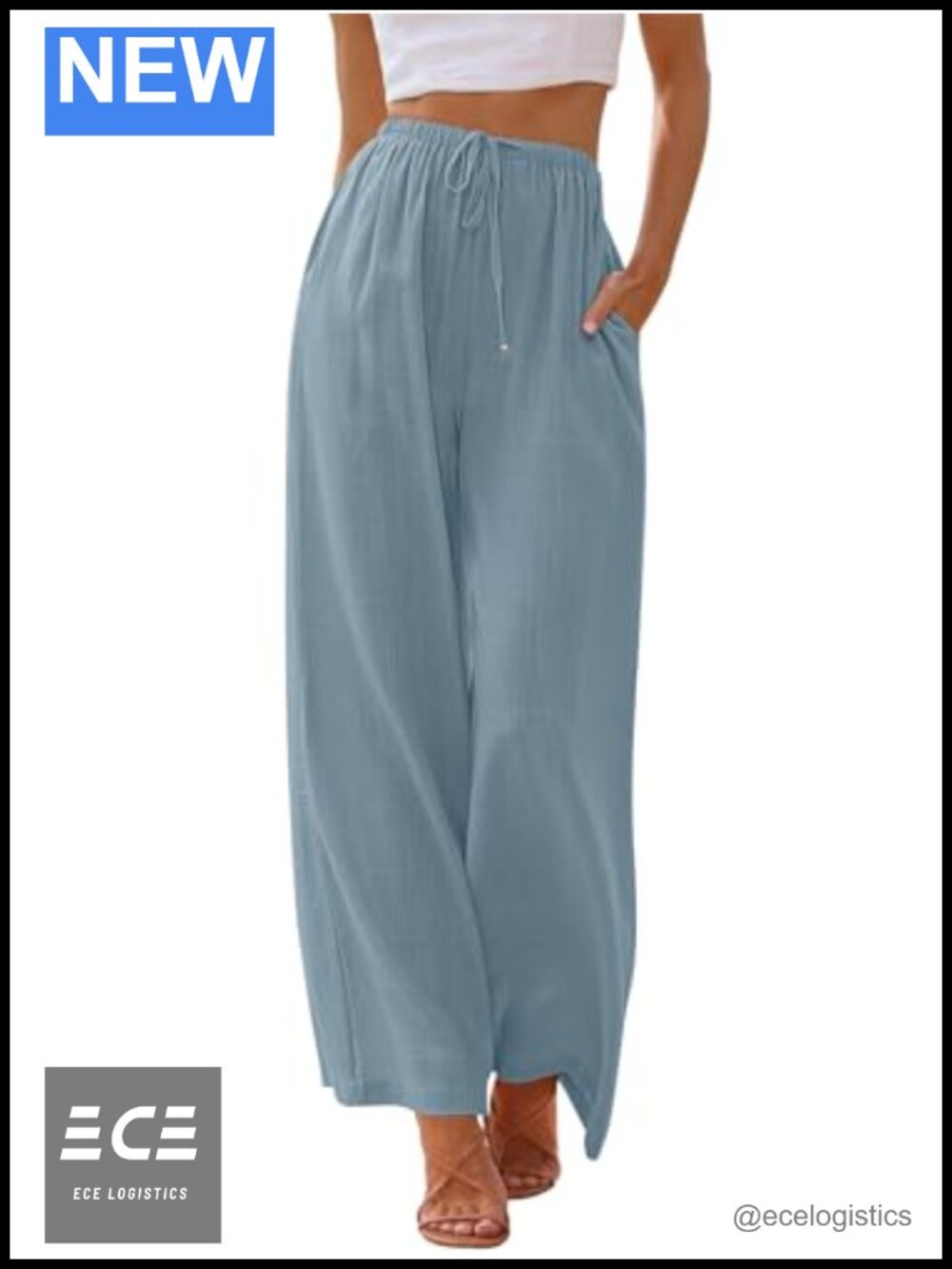 Linen Blend Wide Leg Palazzo Pants Drawstring High Rise Summer Beach